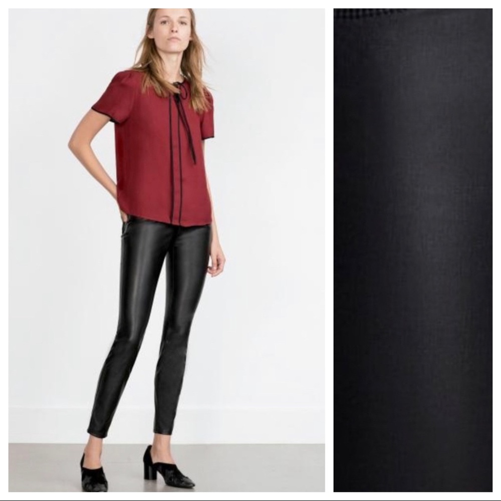NWT. Zara Premium Denim Collection Black Faux Leather Mid-waist Trousers Size L.